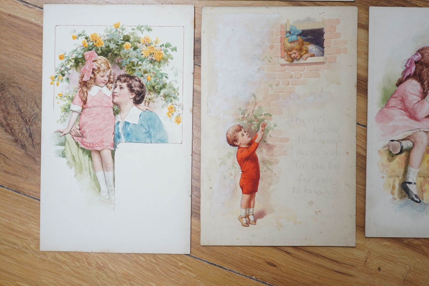 Charles Thomas Howard (1865-1942), set of six original watercolours for postcard designs, Studies of children, two signed, unframed, 20.5 x 14cm. Condition - fair, pin holes to the corners